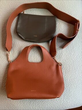 Cuyana mini system tote in caramel with wide strap and mini zipper tote in olive